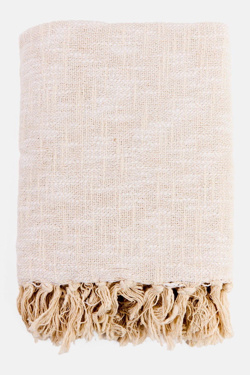 Muy Mucho Cotton Plaid With Fringes 130 x 160 cm, Cream  - Image 1