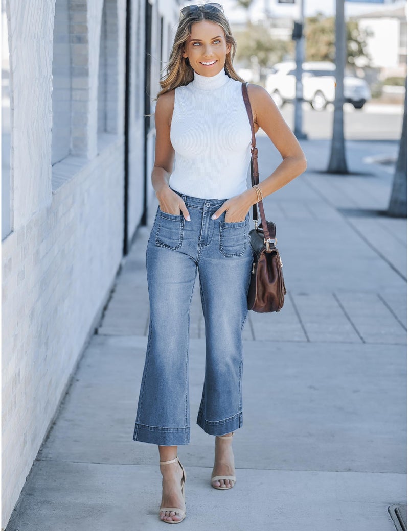 luvamia Wide Leg Jeans for Women Trendy High Waisted Flare Jeans Cropped Denim Pants Stretchy Baggy with Patch Pockets Womens Wide Leg Cropped Jeans Cropped Pants Women Blue Tides Size 12 Size 14 - Image 5