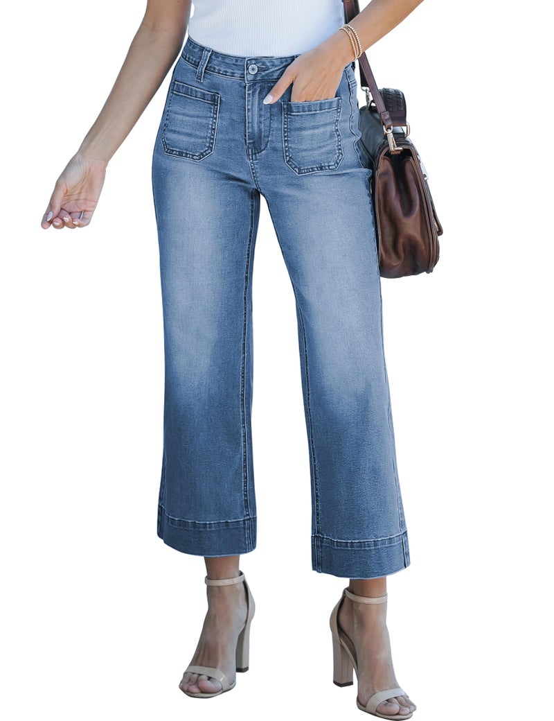 luvamia Wide Leg Jeans for Women Trendy High Waisted Flare Jeans Cropped Denim Pants Stretchy Baggy with Patch Pockets Womens Wide Leg Cropped Jeans Cropped Pants Women Blue Tides Size 12 Size 14 - Image 1