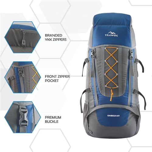 TRAWOC Stonex 60L Travel Backpack for Men & Women | Trekking & Hiking Rucksack with Laptop Sleeve, Rain Cover, YKK Zippers, Padded Hip Belt, Water-Resistant Fabric | 3 Year Warranty (HK001)-Black - Image 3