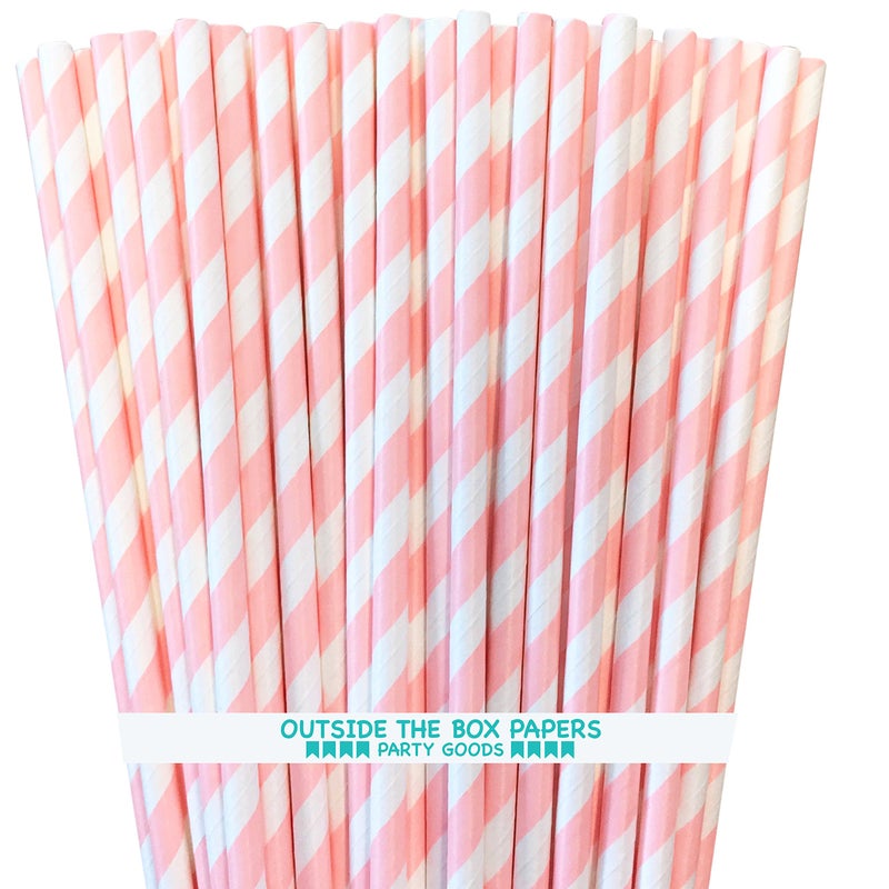 Outside the Box Pape Striped Paper Straws - Light Blush Pink White - Valentine Wedding Baby Shower Birthday Supply - 7.75 Inches - Pack of 100- Outside the Box Papers Brand - Image 1