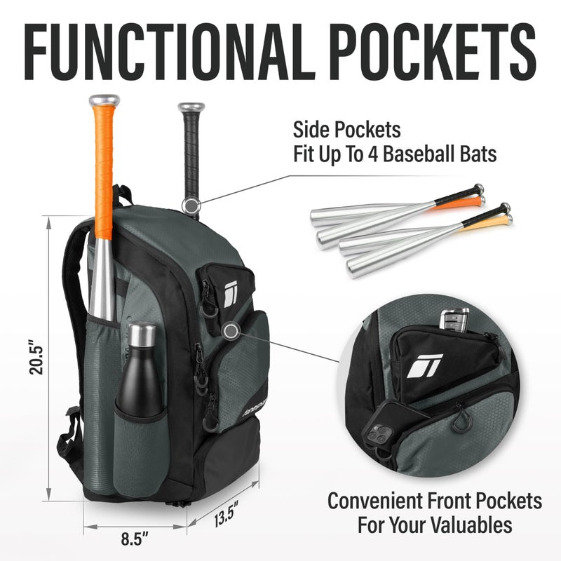 Tonesport Baseball Bag - Backpack for Baseball, Softball, Tball - Adults & Youth Bat Bag - Iron Grey - Image 5