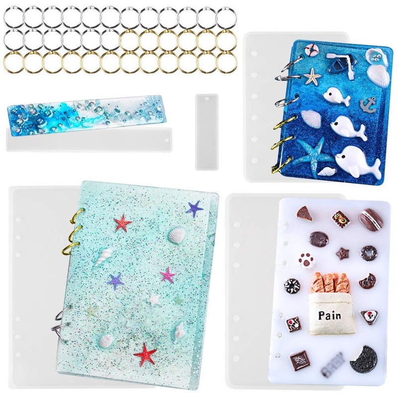 Note Book Cover Resin Mold Tomorotec Clear Casting Epoxy Resin Molds Book Cover A6A5A7 with 36 PCS Book Rings and 2 PCS Bookmarks