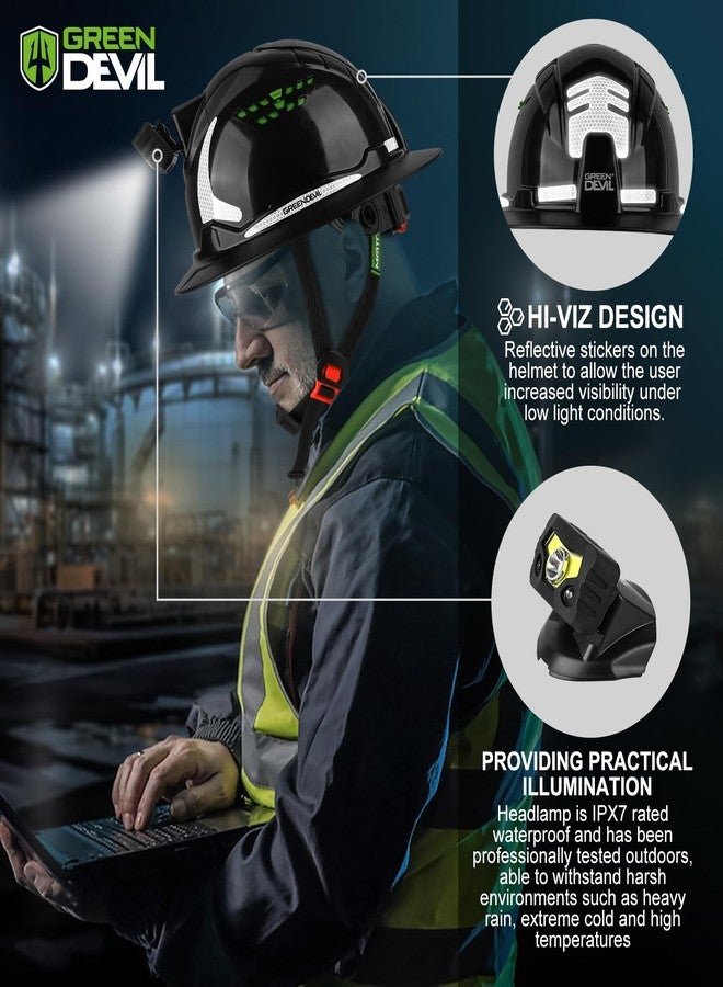 GREEN DEVIL Matrix Full Brim Hard Hat with Headlight Vented Construction Safety Helmet OSHA Approved Cascos De Construccion Work Hardhat for Men&Women - Image 3