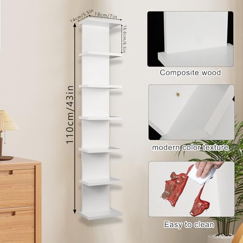 Hlimior 7 Tier Wall Shelf Unit - 43“ Lack Floating Shelf, Display Floating Shelves, Vertical Column Wall Decor Mount Floating Storage Home Decor Organizer Tall Tower Utility Shelves, White - Image 2