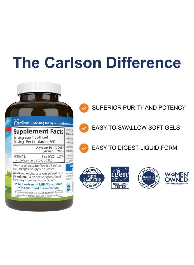 Carlson Vitamin D3 5000 IU (125 mcg), Bone Health, Muscle Health, Cholecalciferol, Vitamin D Supplements, Vitamin D3 Soft Gels, 360 Softgels - Image 2