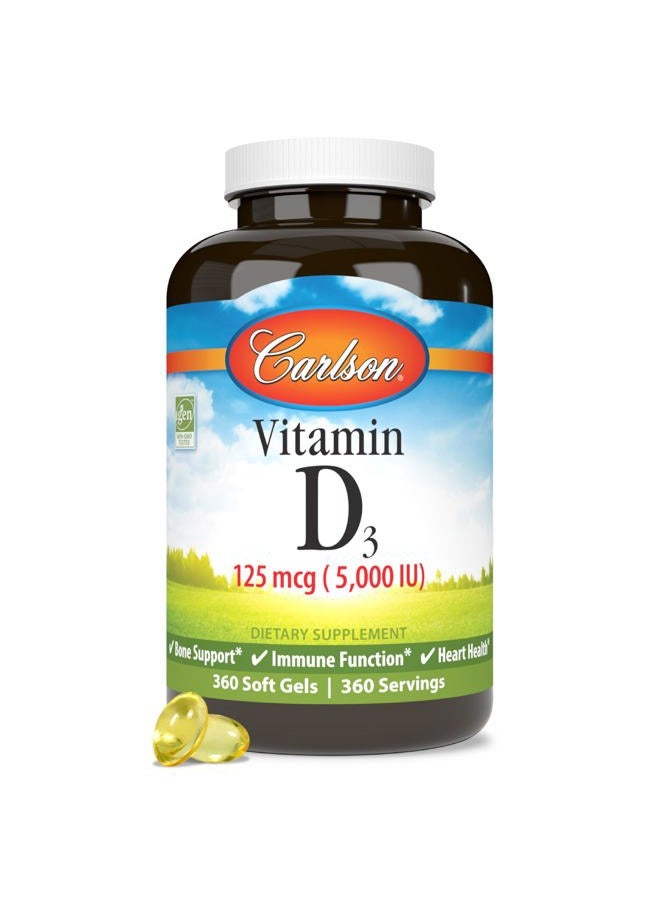 Carlson Vitamin D3 5000 IU (125 mcg), Bone Health, Muscle Health, Cholecalciferol, Vitamin D Supplements, Vitamin D3 Soft Gels, 360 Softgels - Image 1