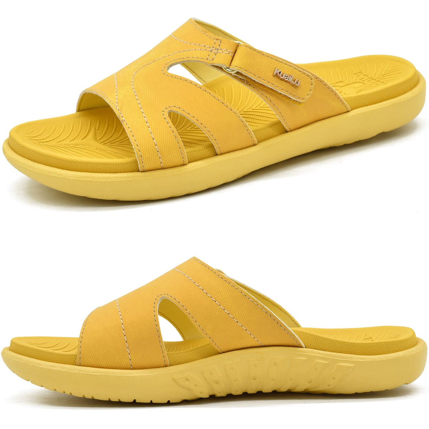 KuaiLu Womens Fashion Orthotic Slides Ladies Lightweight Athletic Yoga Mat Walking Sandals Slip On Thick Cushion Recovery Slippers Sandles Comfortable Plantar Fasciitis Arch Support Yellow Size 9