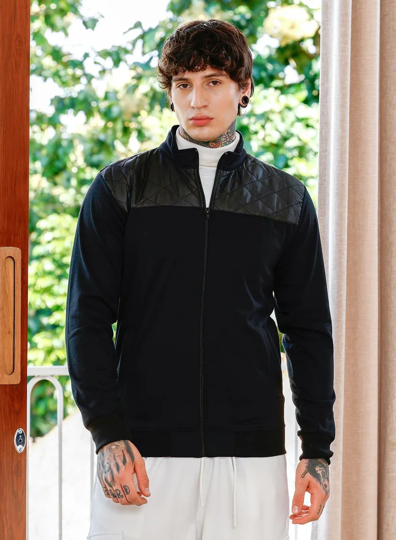 Campus Sutra Men's Zip-Front Quilt-Block Jacket | Stand Collar , Long Ribbed Cuff Sleeves , Zipper Closure , Ribbed-Straight Hem | Solid Knitted Plain For Casual & Daily | Onyx Black