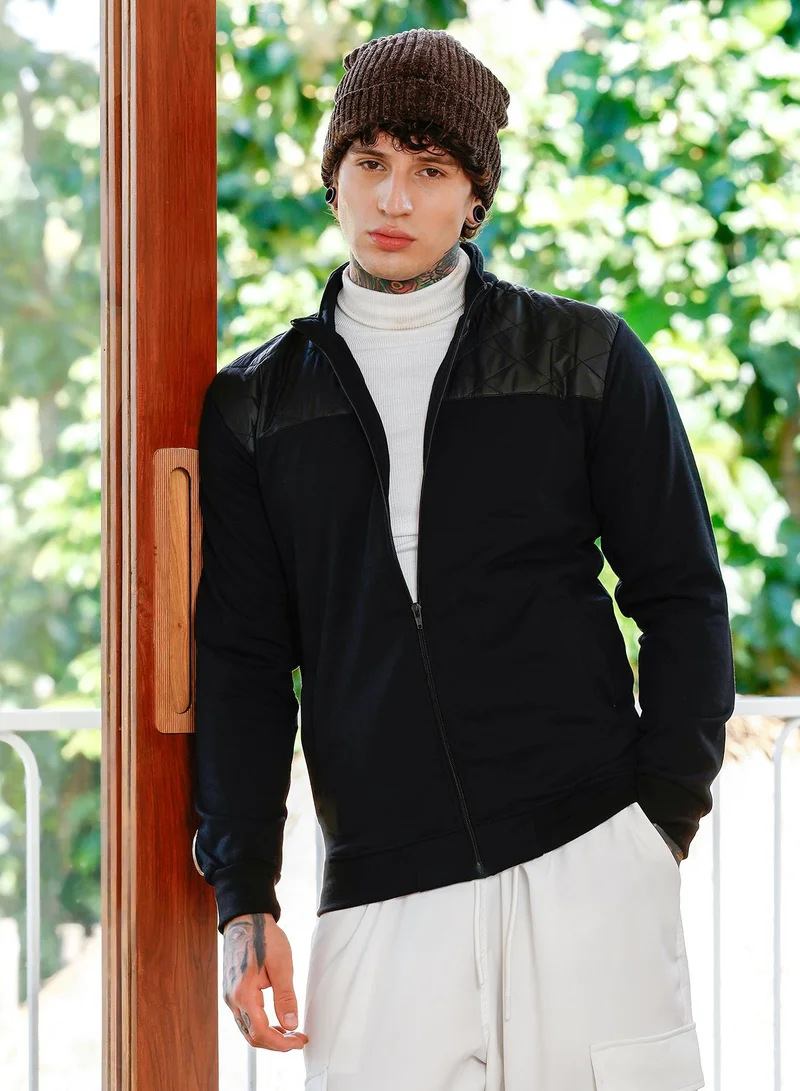 Men's Zip-Front Quilt-Block Jacket | Stand Collar , Long Ribbed Cuff Sleeves , Zipper Closure , Ribbed-Straight Hem | Solid Knitted Plain For Casual & Daily | Onyx Black