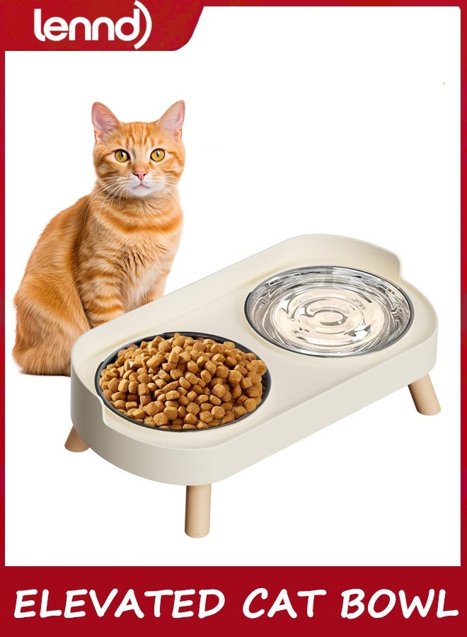 Elevated Cat Bowl, Raised Cat Food and Water Bowl Set for Indoor Cats, Splash Proof with 2 Stainless Steel Pet Food Bowls for Cats and Puppies, Whisker Fatigue and Dishwasher Safe - White