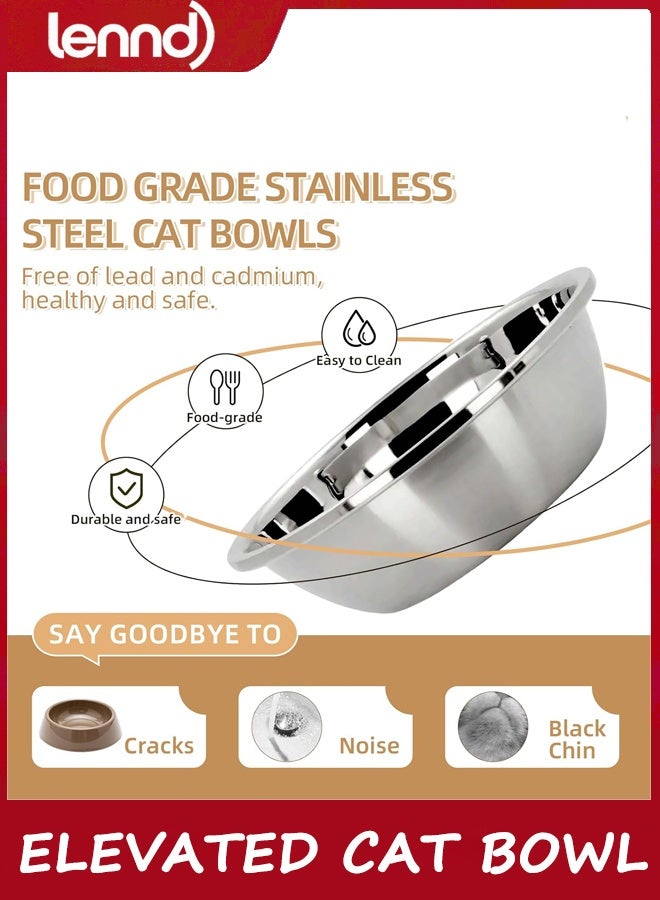 LENND Elevated Cat Bowl, Raised Cat Food and Water Bowl Set for Indoor Cats, Splash Proof with 2 Stainless Steel Pet Food Bowls for Cats and Puppies, Whisker Fatigue and Dishwasher Safe - White - Image 4