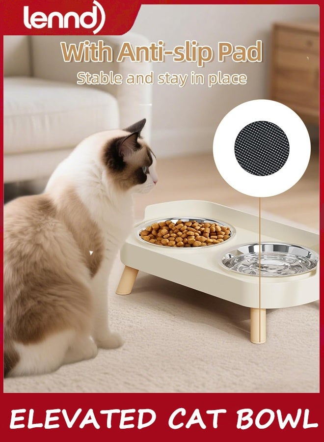 LENND Elevated Cat Bowl, Raised Cat Food and Water Bowl Set for Indoor Cats, Splash Proof with 2 Stainless Steel Pet Food Bowls for Cats and Puppies, Whisker Fatigue and Dishwasher Safe - White - Image 5