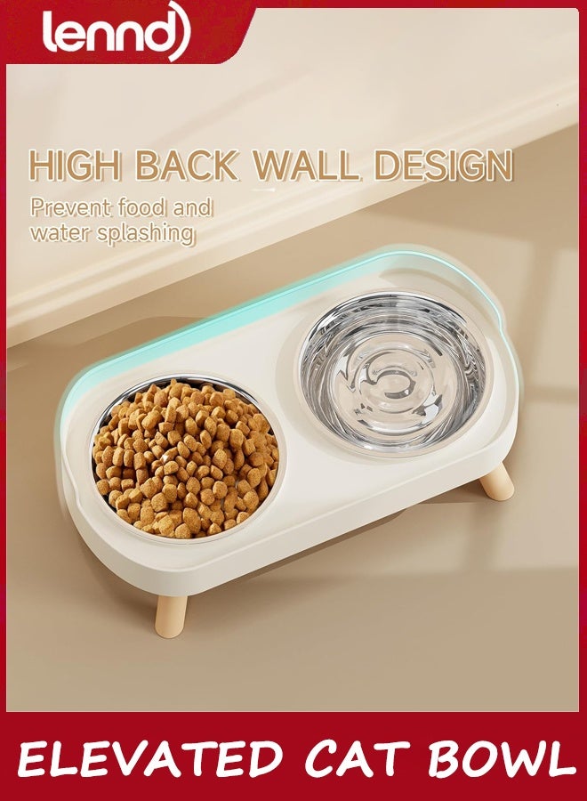 LENND Elevated Cat Bowl, Raised Cat Food and Water Bowl Set for Indoor Cats, Splash Proof with 2 Stainless Steel Pet Food Bowls for Cats and Puppies, Whisker Fatigue and Dishwasher Safe - White - Image 2