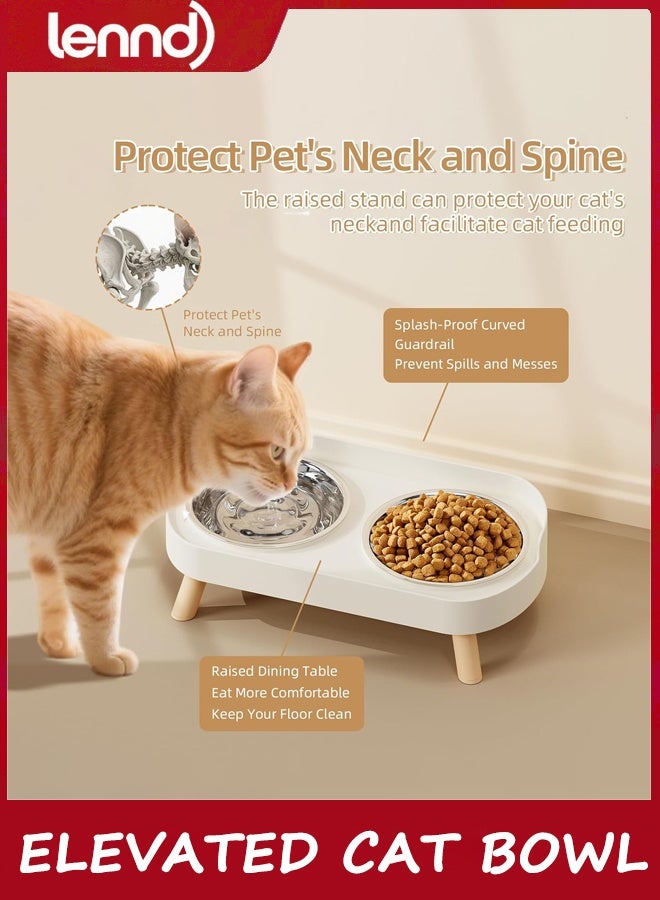 LENND Elevated Cat Bowl, Raised Cat Food and Water Bowl Set for Indoor Cats, Splash Proof with 2 Stainless Steel Pet Food Bowls for Cats and Puppies, Whisker Fatigue and Dishwasher Safe - White - Image 3