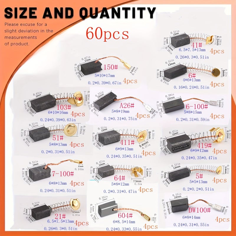 60Pcs 15 Different Specifications Power Tool Carbon Brush Durable Metal Copper Wire For Angle Grinder Hand Drill Hammer Drill Maintenance - Image 2