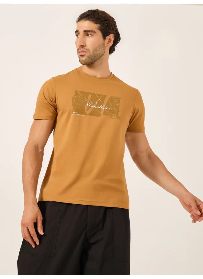فورت كولينز Fort Collins Men Brown Graphic Print Crew Neck T-Shirt