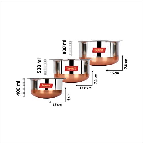 Sumeet Stainless Steel Copper Bottom 3Pc Tope Set with Lid (400Ml, 530Ml, 800Ml) - Image 4