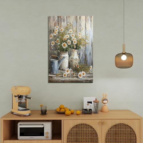 HYFBH Framed Rustic Farmhouse Floral Daisy Canvas Wall Art, Farmhouse Bathroom Decor Wall Art Prints Rustic White Daisy Flower Bedroom Pictures Country Flower Wall Decor for Living Room 12x16inch - Image 3