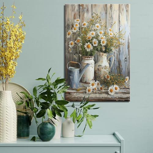 HYFBH Framed Rustic Farmhouse Floral Daisy Canvas Wall Art, Farmhouse Bathroom Decor Wall Art Prints Rustic White Daisy Flower Bedroom Pictures Country Flower Wall Decor for Living Room 12x16inch - Image 2