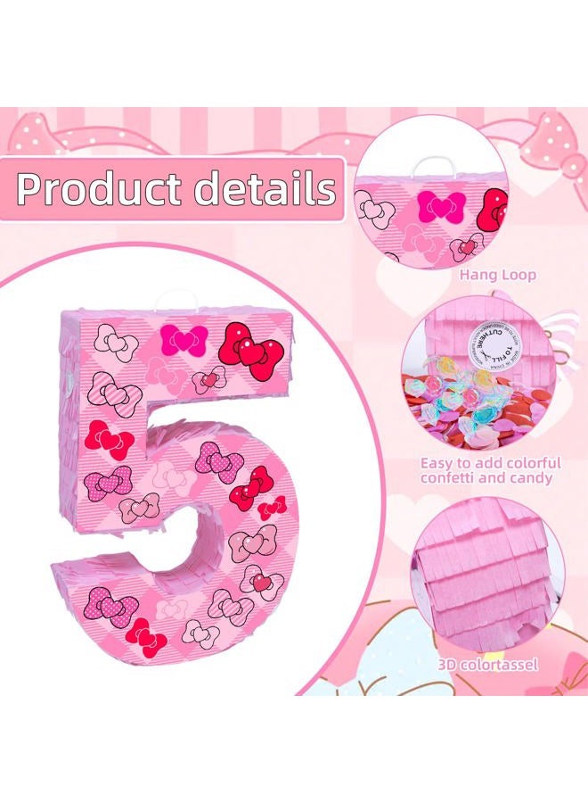 Lcoor Pink Bow 5th Birthday Decorations, 15.75inch Bow Number 5 Piñata with Blindfold Stick and Confetti for Pink Bow Birthday Party Supplies (5) - Image 3