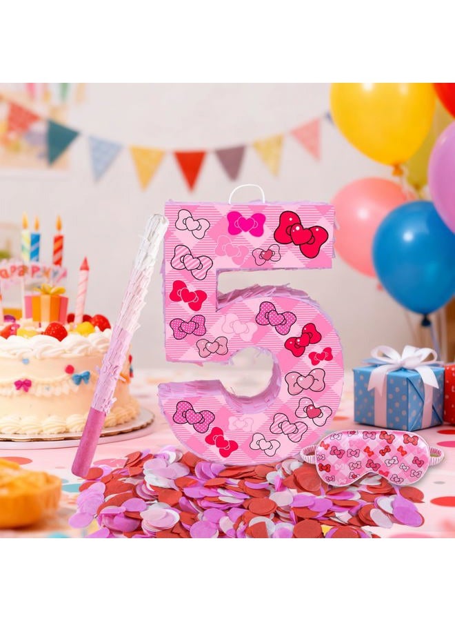 Lcoor Pink Bow 5th Birthday Decorations, 15.75inch Bow Number 5 Piñata with Blindfold Stick and Confetti for Pink Bow Birthday Party Supplies (5) - Image 5