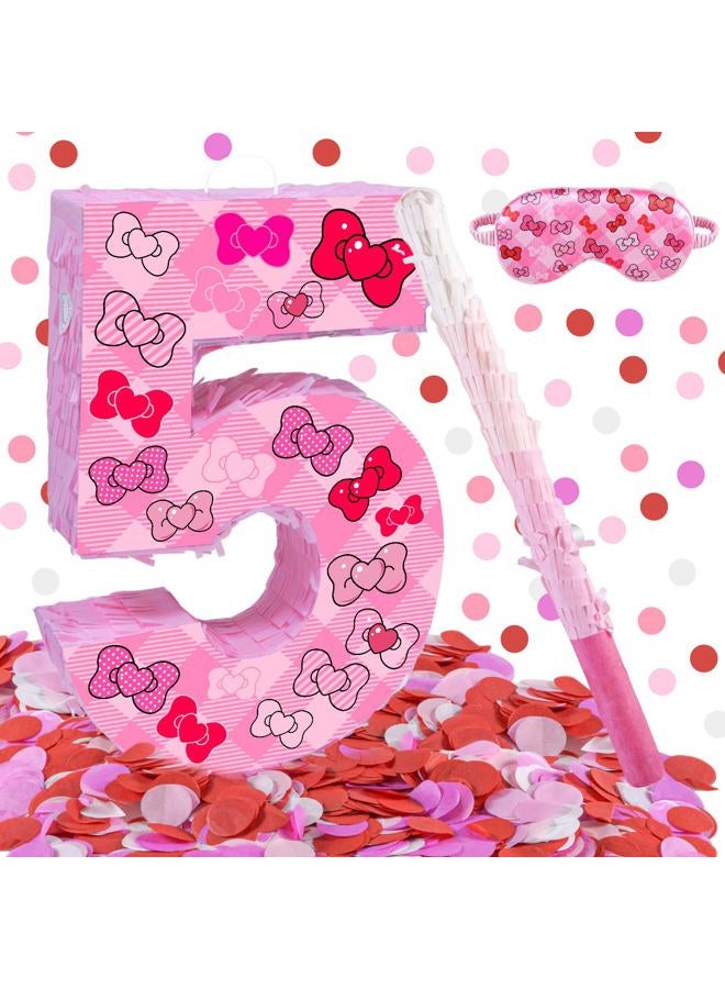 Lcoor Pink Bow 5th Birthday Decorations, 15.75inch Bow Number 5 Piñata with Blindfold Stick and Confetti for Pink Bow Birthday Party Supplies (5) - Image 1