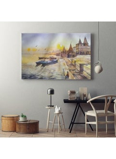 Boats next to the coast, printed on canvas,