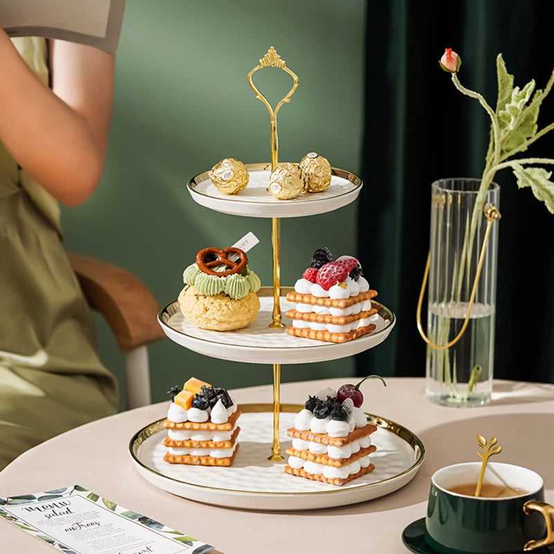Tosnail Set of 2 Porcelain Cupcake Stand Ceramic Dessert Stand Tiered Serving Trays with Gold Rod, 3 Tiers and 2 Tiers Cake Stand Party Serving Trays Fruit Pastry Holders for Wedding and Party - Image 3