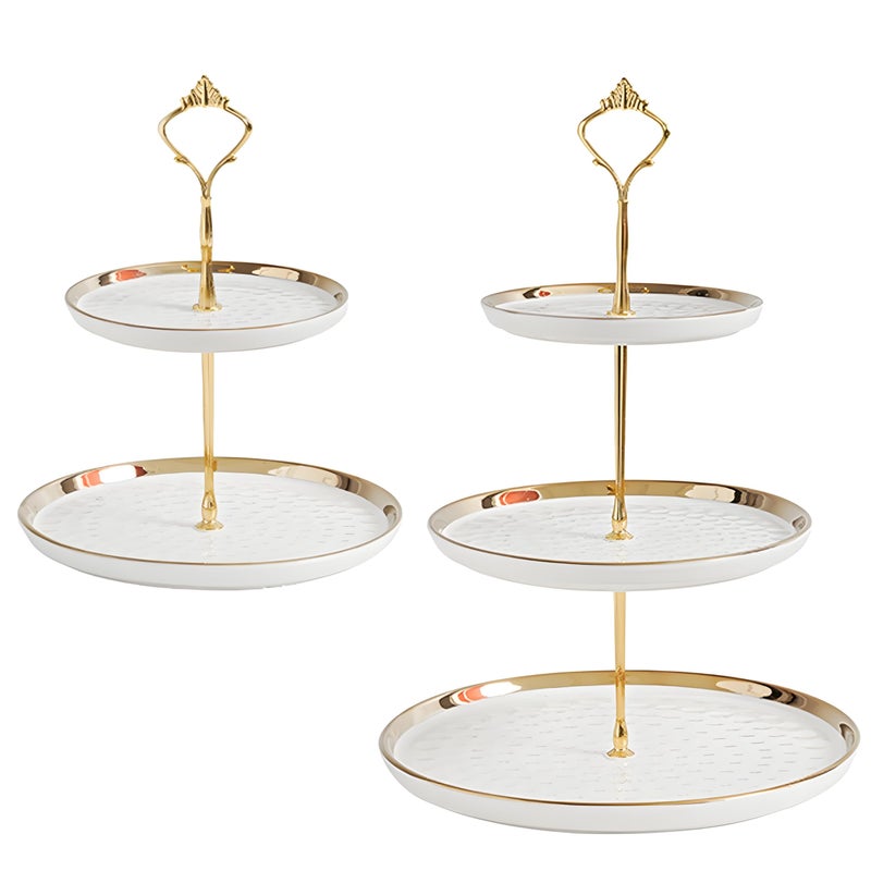 Tosnail Set of 2 Porcelain Cupcake Stand Ceramic Dessert Stand Tiered Serving Trays with Gold Rod, 3 Tiers and 2 Tiers Cake Stand Party Serving Trays Fruit Pastry Holders for Wedding and Party - Image 1