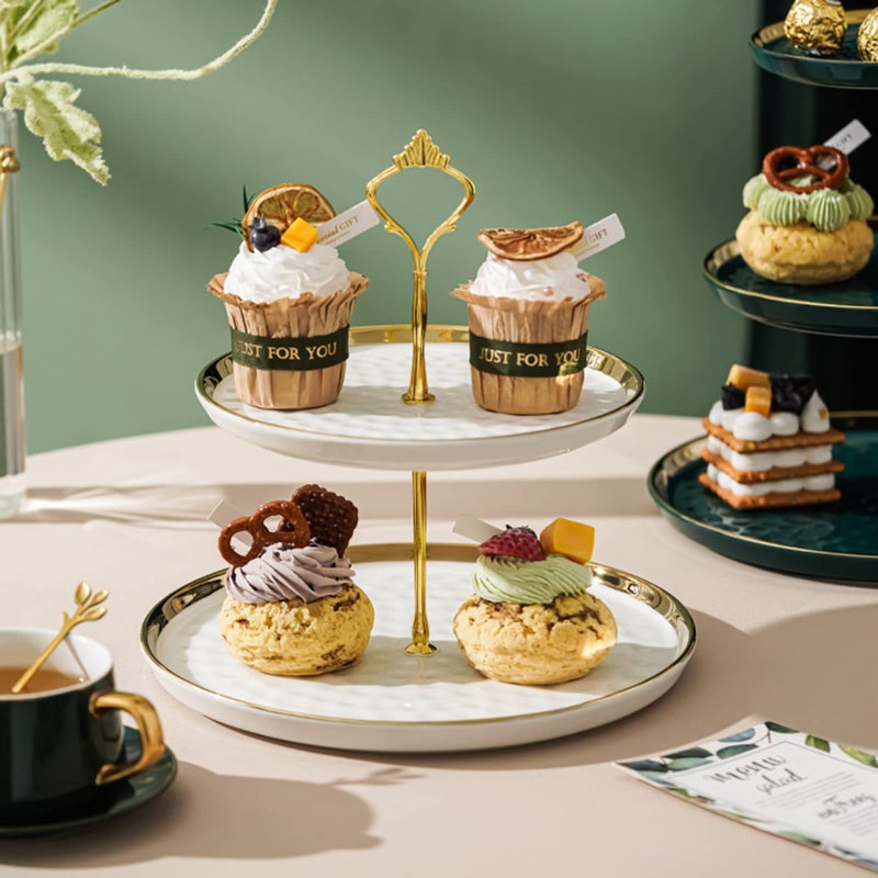 Tosnail Set of 2 Porcelain Cupcake Stand Ceramic Dessert Stand Tiered Serving Trays with Gold Rod, 3 Tiers and 2 Tiers Cake Stand Party Serving Trays Fruit Pastry Holders for Wedding and Party - Image 4