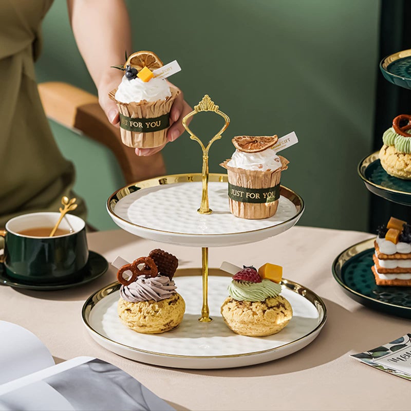 Tosnail Set of 2 Porcelain Cupcake Stand Ceramic Dessert Stand Tiered Serving Trays with Gold Rod, 3 Tiers and 2 Tiers Cake Stand Party Serving Trays Fruit Pastry Holders for Wedding and Party - Image 5