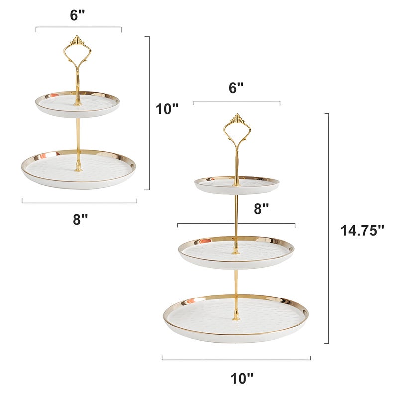 Tosnail Set of 2 Porcelain Cupcake Stand Ceramic Dessert Stand Tiered Serving Trays with Gold Rod, 3 Tiers and 2 Tiers Cake Stand Party Serving Trays Fruit Pastry Holders for Wedding and Party - Image 2