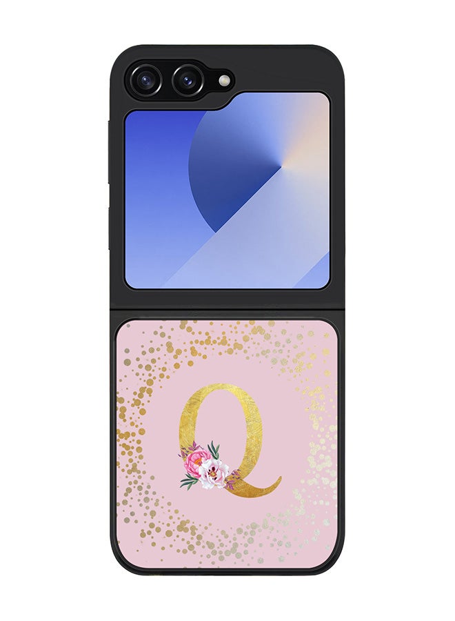 Stylizedd Rugged Black edge case for Samsung Galaxy Z Flip7 FE, Slim fit Case Flexible Cover - Custom Monogram Initial Letter Floral Pattern Alphabet - Q (Pink ) - Image 1
