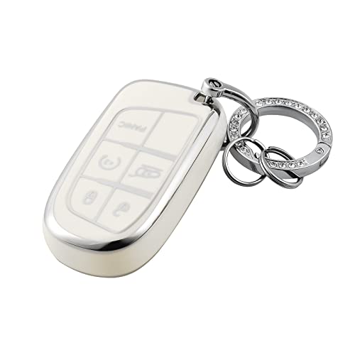 غطاء مفتاح OFFCURVE مع سلسلة مفاتيح لجيب دودج حماية ناعمة TPU غطاء مفتاح لجيب جراند شيروكي رينيغيد كرايسلر 200 300 دودج جورنيو فيات دورانغو تشالنجر حامل مفتاح ذكي أبيض