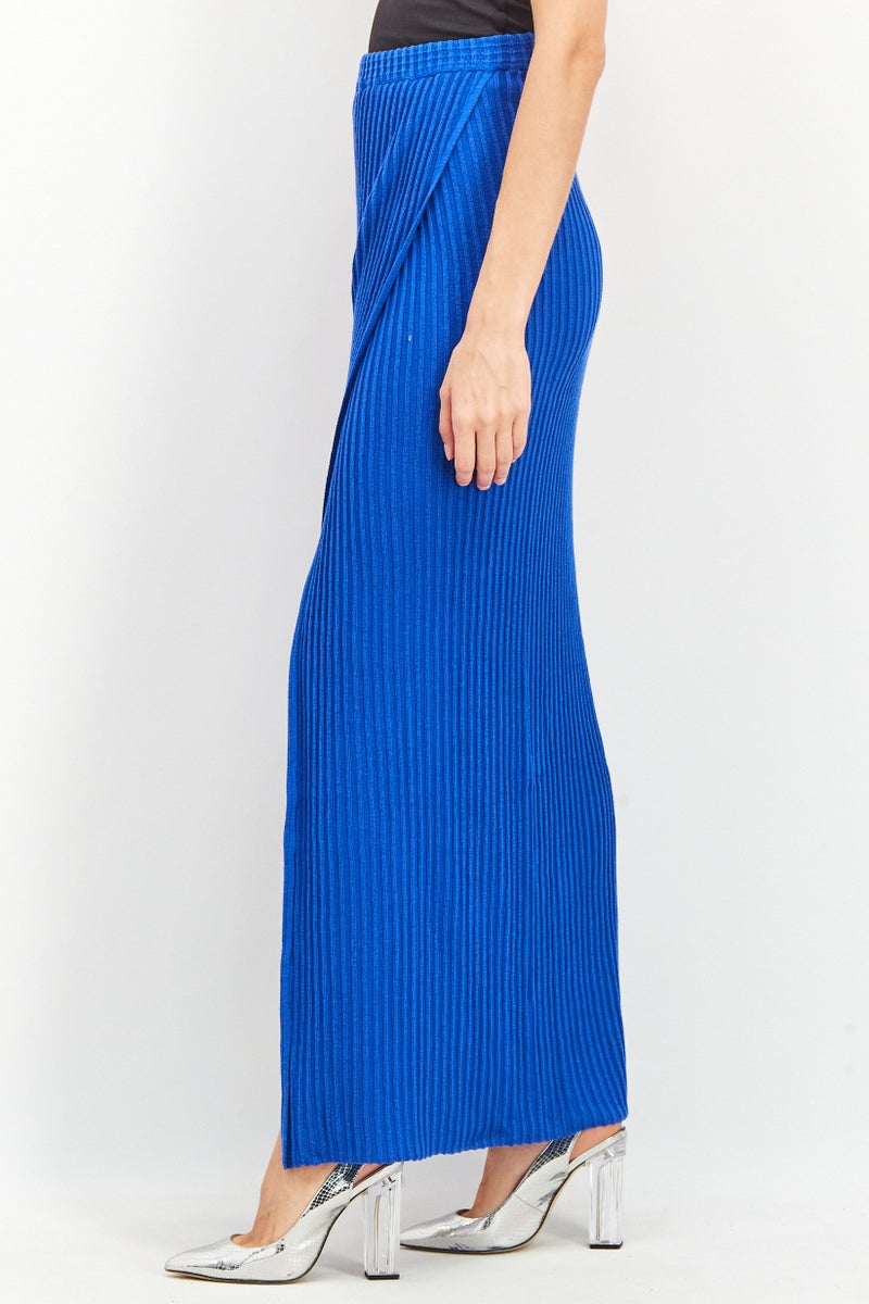 NA-KD Women Regular Fit Rib Knitted Overlap Maxi Skirt, Blue - Image 2