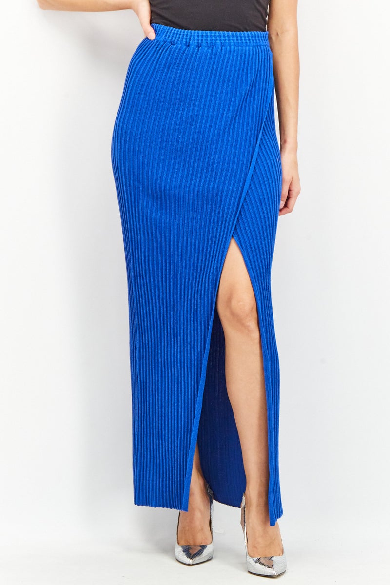 NA-KD Women Regular Fit Rib Knitted Overlap Maxi Skirt, Blue - Image 1