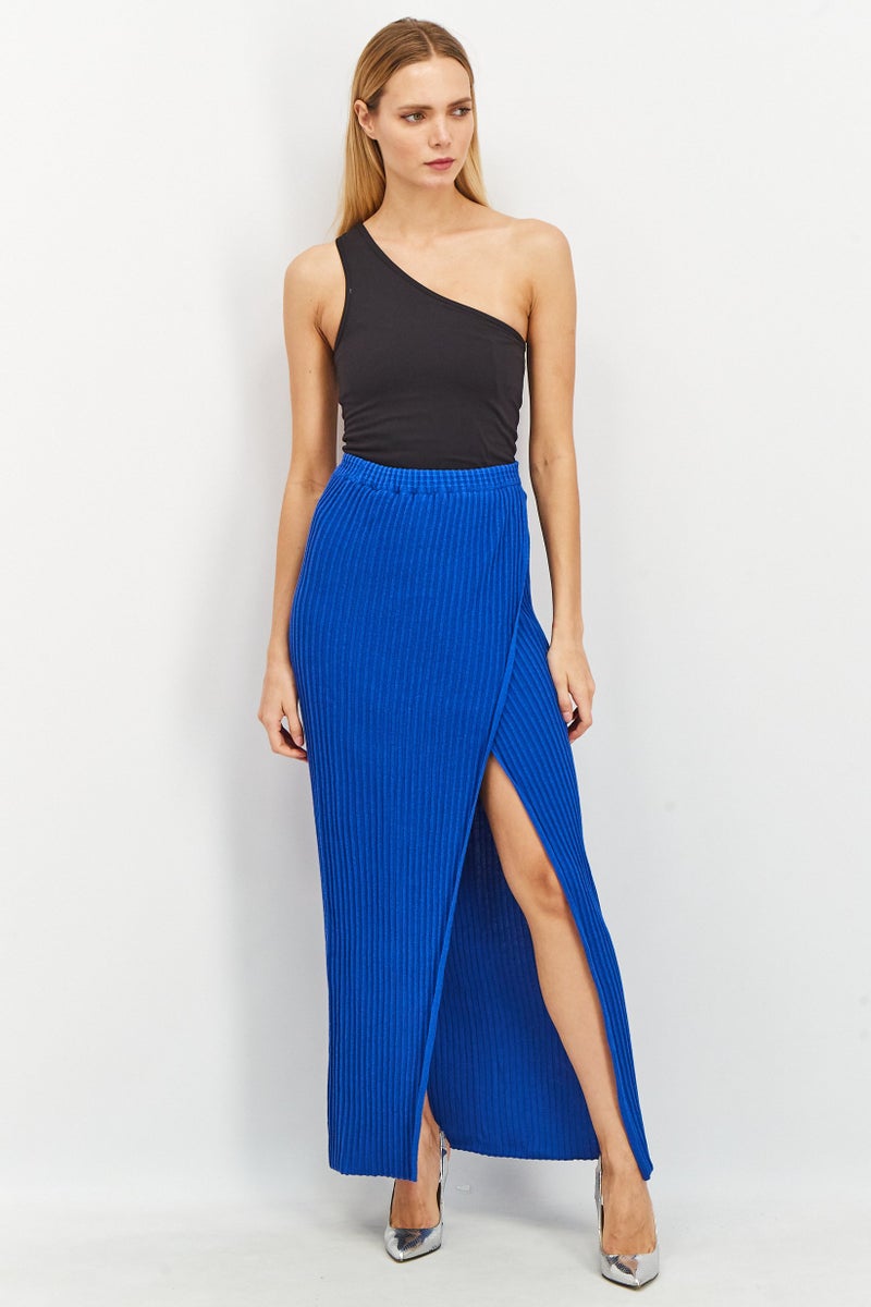 NA-KD Women Regular Fit Rib Knitted Overlap Maxi Skirt, Blue - Image 3