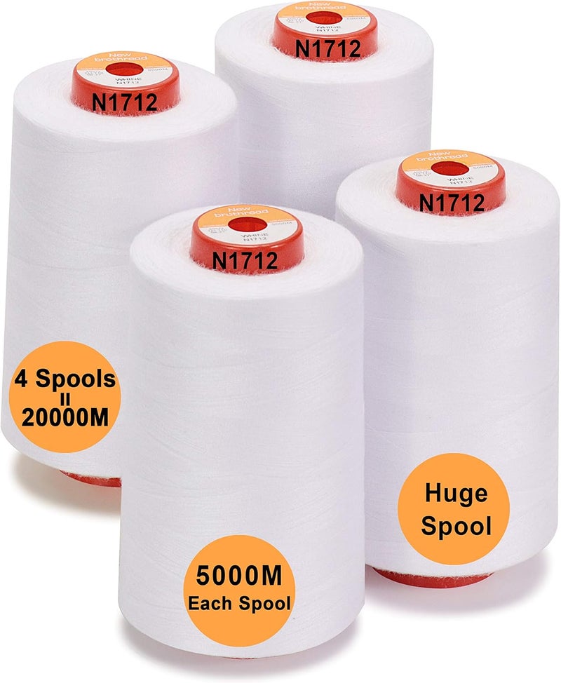 New brothread - 30 Options - 4 Large Cones of 5500Y (5000M) Each All Purpose Spun Polyester Thread 40S/2 (Tex27) for Serger, Overlock, Quilting, Piecing and Sewing - White - Image 1