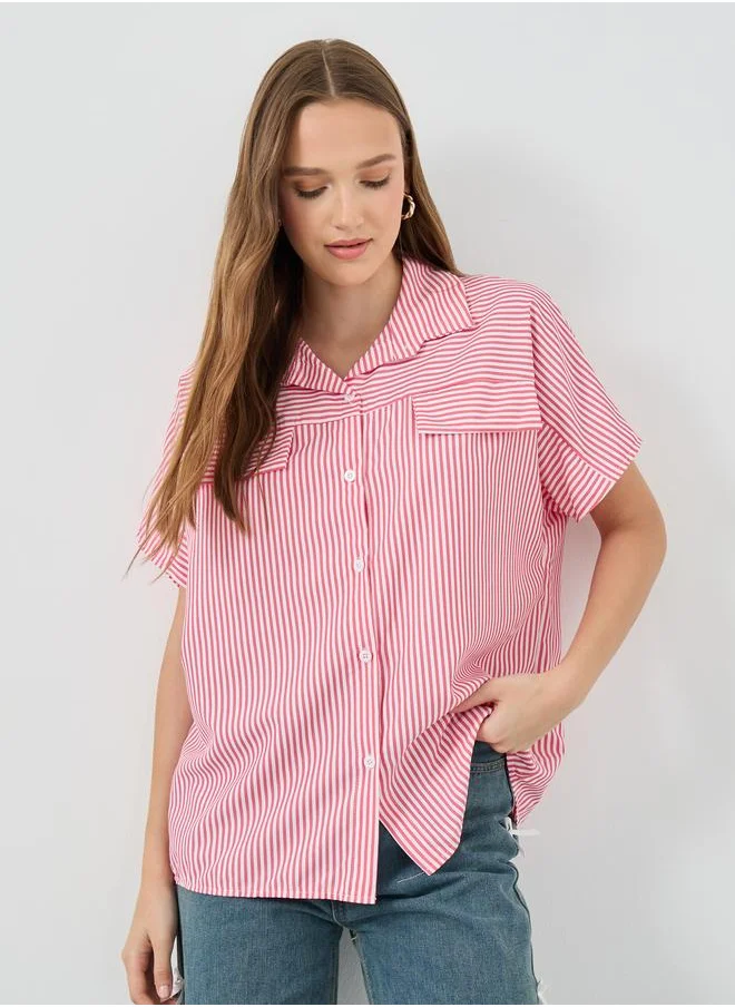 تايك تو Take Two Striped Short Sleeve Regular Fit Shirt with Flap Detail