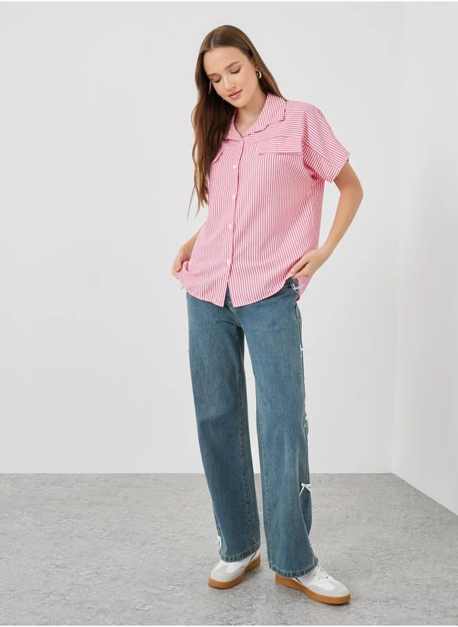 تايك تو Take Two Striped Short Sleeve Regular Fit Shirt with Flap Detail