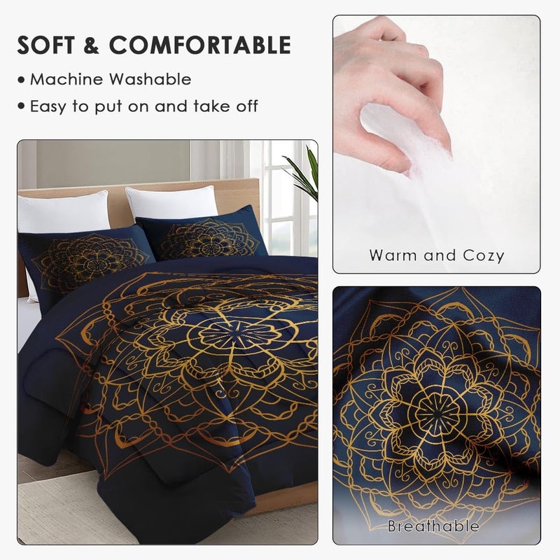 Wecozy Queen Size Comforter Set With 2 Pillowcases  Navy Blue Boho Gold Mandala Soft 3 Pcs Bedding For Kids And Adults Bedroom Bed Decor - Image 5