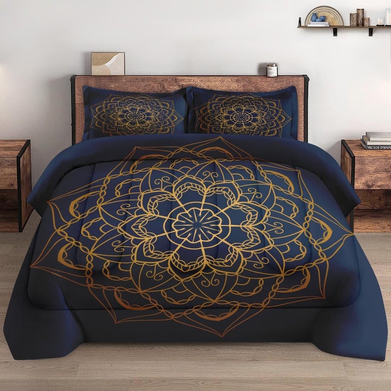 Wecozy Queen Size Comforter Set With 2 Pillowcases  Navy Blue Boho Gold Mandala Soft 3 Pcs Bedding For Kids And Adults Bedroom Bed Decor - Image 1