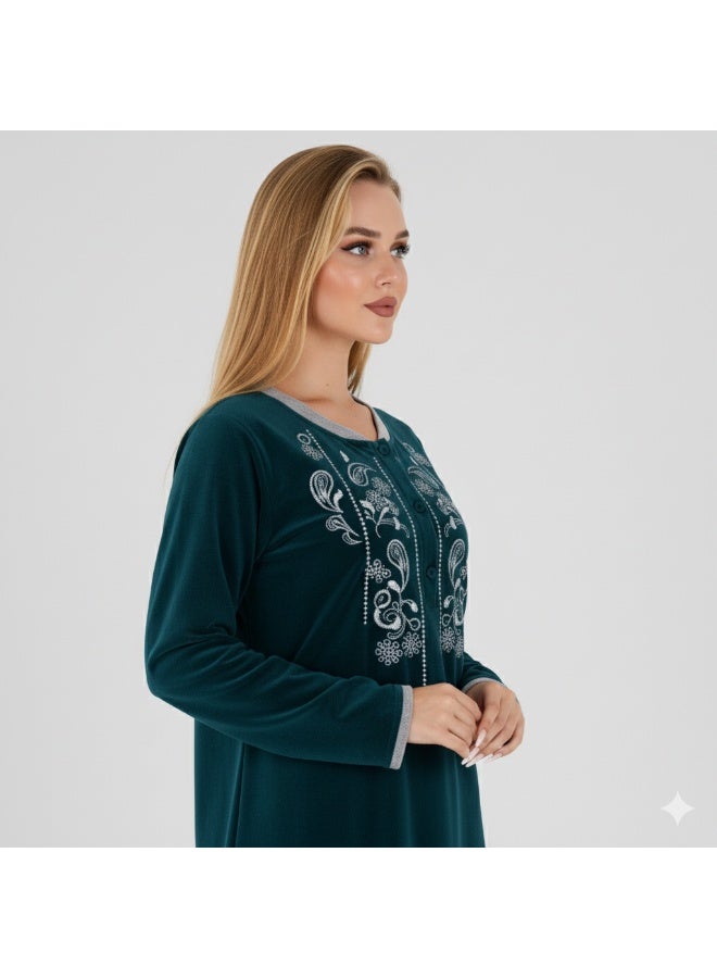 زيكوتكس  جلابية نسائية قطيفة شتوية مطرزة بأكمام طويلة - أخضر داكن (زمردي) - Image 3