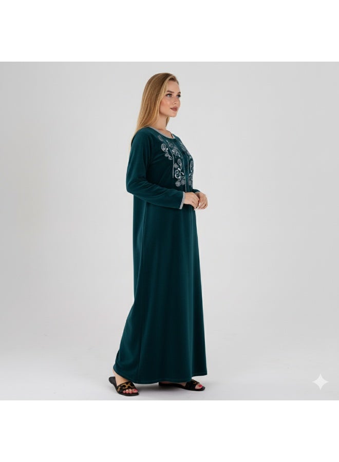 زيكوتكس  جلابية نسائية قطيفة شتوية مطرزة بأكمام طويلة - أخضر داكن (زمردي) - Image 4