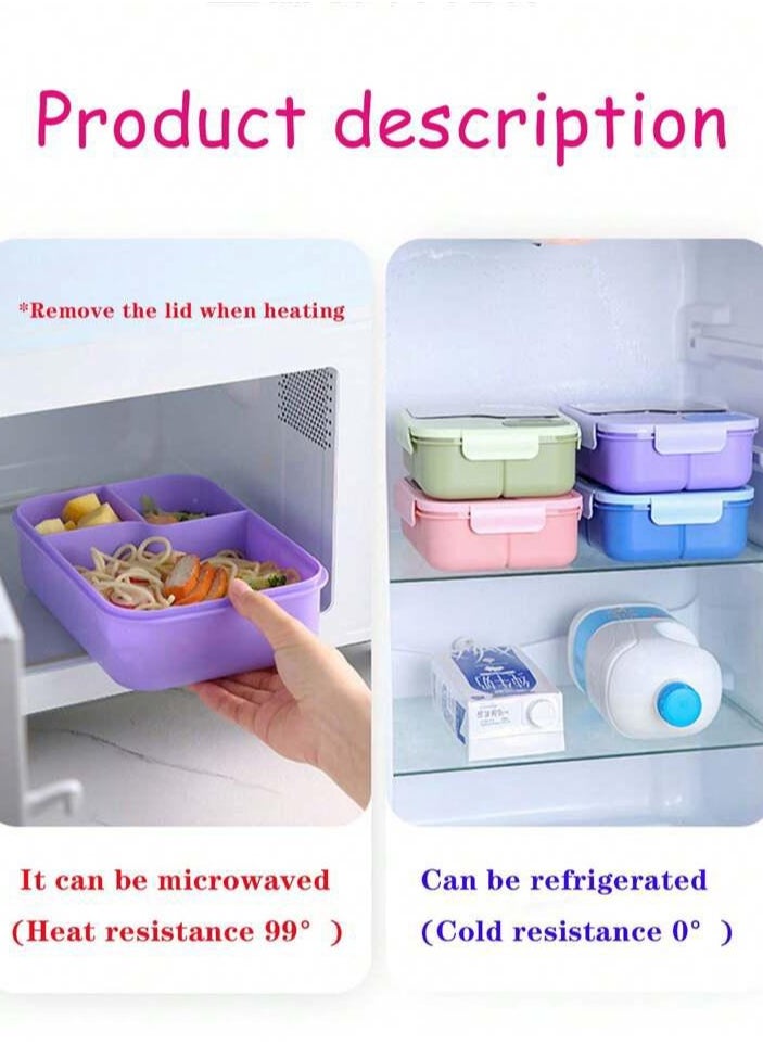 Lunch Box with Spoon&Fork, 1450ml Capacity, 3 Compartments, Microwave Safe, Multiple Colors