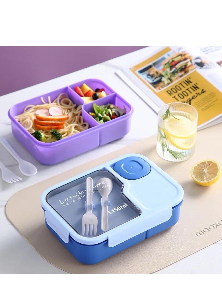 Lunch Box with Spoon&Fork, 1450ml Capacity, 3 Compartments, Microwave Safe, Multiple Colors