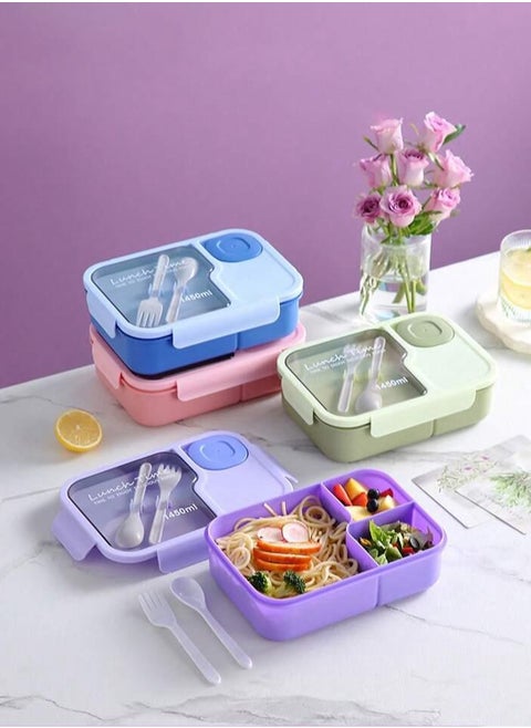 Lunch Box with Spoon&Fork, 1450ml Capacity, 3 Compartments, Microwave Safe, Multiple Colors