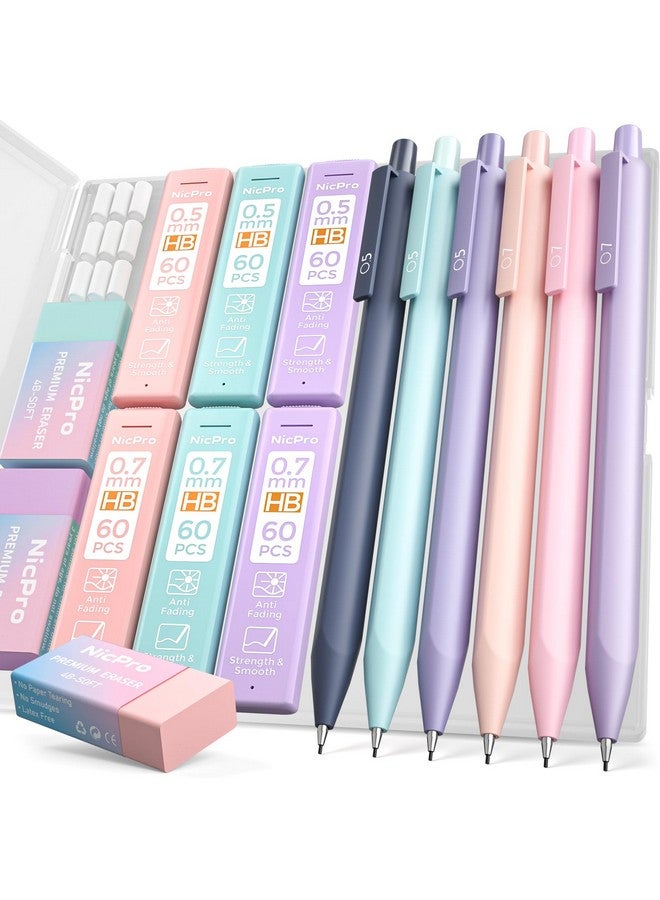 Nicpro 6Pcs Pastel Mechanical Pencil Set, 0.5 & 0.7 Mm With 6 Tubes Hb Lead Refill, 3Pcs Eraser And 9Pcs Eraser Refill For Student Writing Drafing, Drawing, Sketching-With Cute Case - Image 1