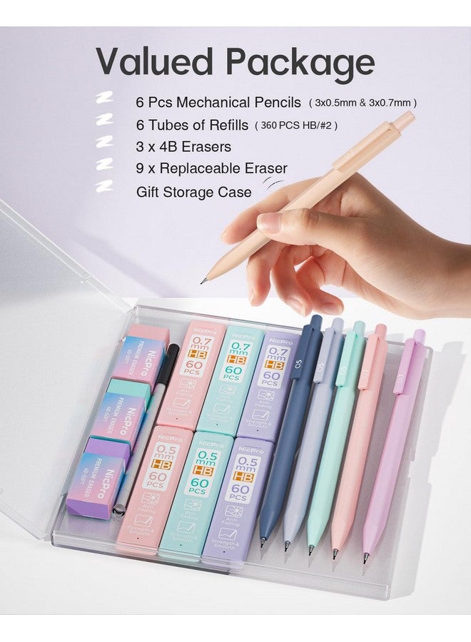 Nicpro 6Pcs Pastel Mechanical Pencil Set, 0.5 & 0.7 Mm With 6 Tubes Hb Lead Refill, 3Pcs Eraser And 9Pcs Eraser Refill For Student Writing Drafing, Drawing, Sketching-With Cute Case - Image 5